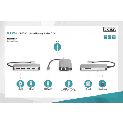 Digitus | USB-C Universal Docking Station, 8 Port | Dock | Ethernet LAN (RJ-45) ports 1 | VGA (D-Sub) ports quantity | DisplayPo - 7